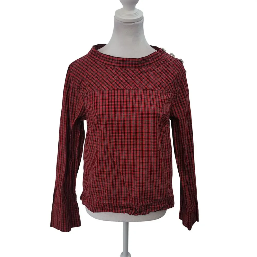 J.Crew Size 4 Plaid Hi-Low Long Sleeve Button Shirt Red Black Holiday‎